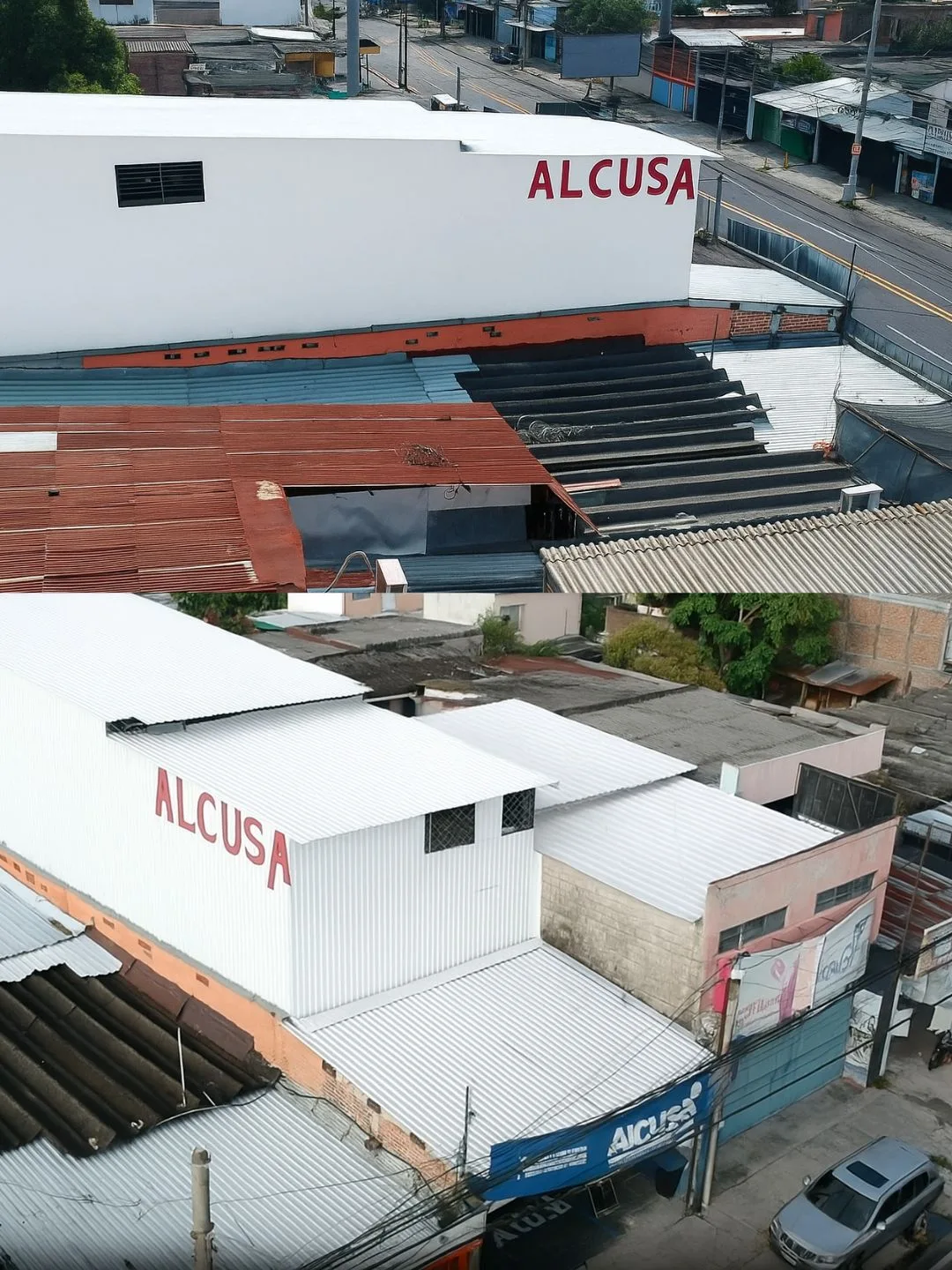 Dos tomas aéreas del taller y las instalaciones de ALCUSA en El Salvador
